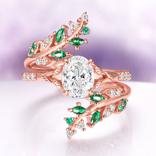 Simulated Diamond & Emerald Leaf Fairy Ring Set in 14K Rose Gold Vermeil
