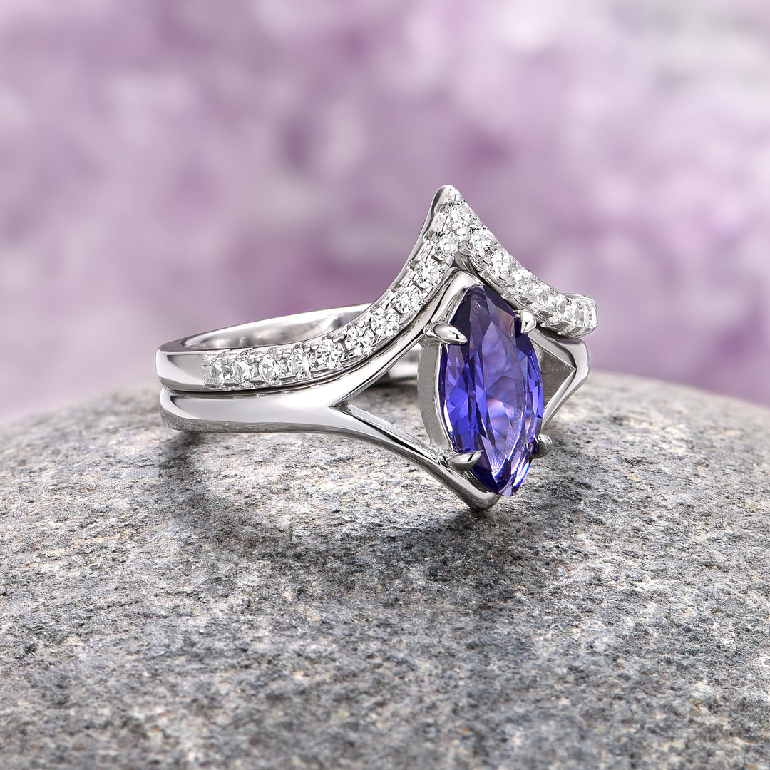 Natural Tanzanite Chevron Ring Set- 14K White Gold (two-piece)