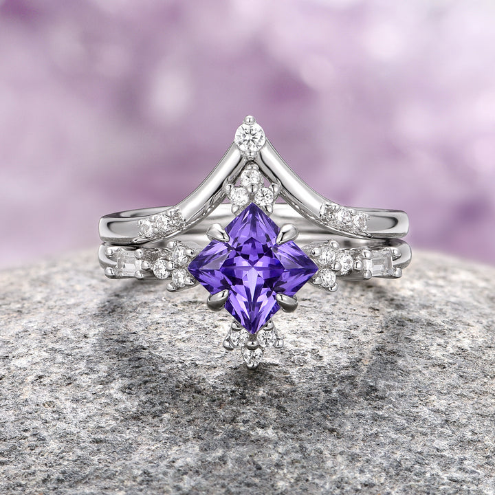 Natural Amethyst Engagement Ring Set- 14K White Gold