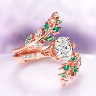 Lab-Grown Diamond & Emerald Leaf Engagement Ring Set in 14K Solid Rose Gold (IGI Certified)