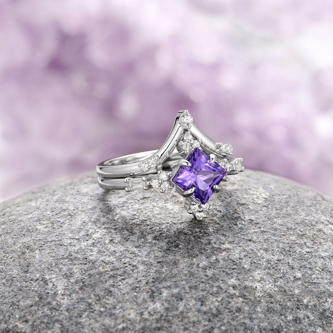 Natural Amethyst Engagement Ring Set- 14K White Gold