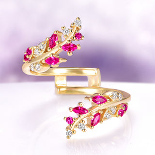 Simulated Diamond & Ruby Leaf Engagement Ring Set in 14K Yellow Gold Vermeil