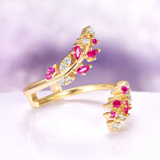 Simulated Diamond & Ruby Leaf Engagement Ring Set in 14K Yellow Gold Vermeil