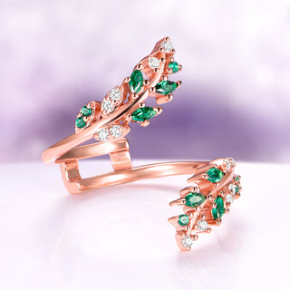 Lab-Grown Diamond & Emerald Leaf Engagement Ring Set in 14K Solid Rose Gold (IGI Certified)