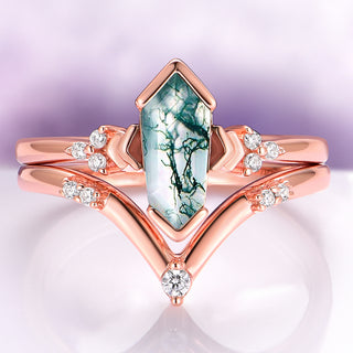 Hexagon Coffin Green Moss Agate Ring Set in 14K Rose Gold Vermeil
