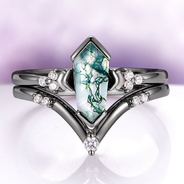 Hexagon Coffin Green Moss Agate Couples Ring Set featuring a unique green moss agate stone set in a black finish band with sparkling accents, crafted by Aquamarise for matching couples rings.