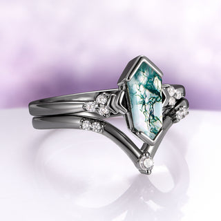 Hexagon Coffin Green Moss Agate Couples Ring Set