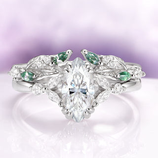 Marquise Cut Moissanite & Moss Agate Engagement Ring Set in 14K White Gold