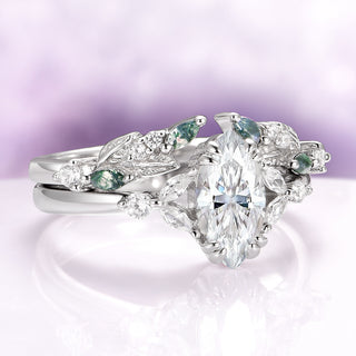 Green Moss Agate & Simulated Diamond Leaf Engagement Ring Set in Sterling Silver