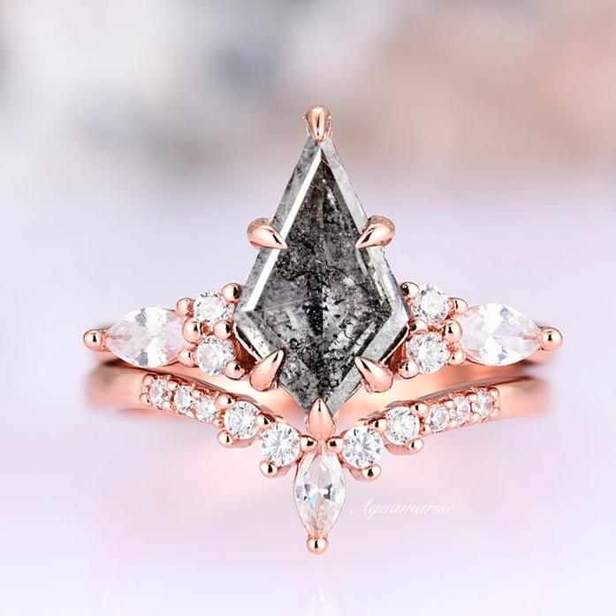 Skye Kite™  Salt & Pepper Diamond (Herkimer Diamond) Engagement Ring Set- 14K Solid Rose Gold