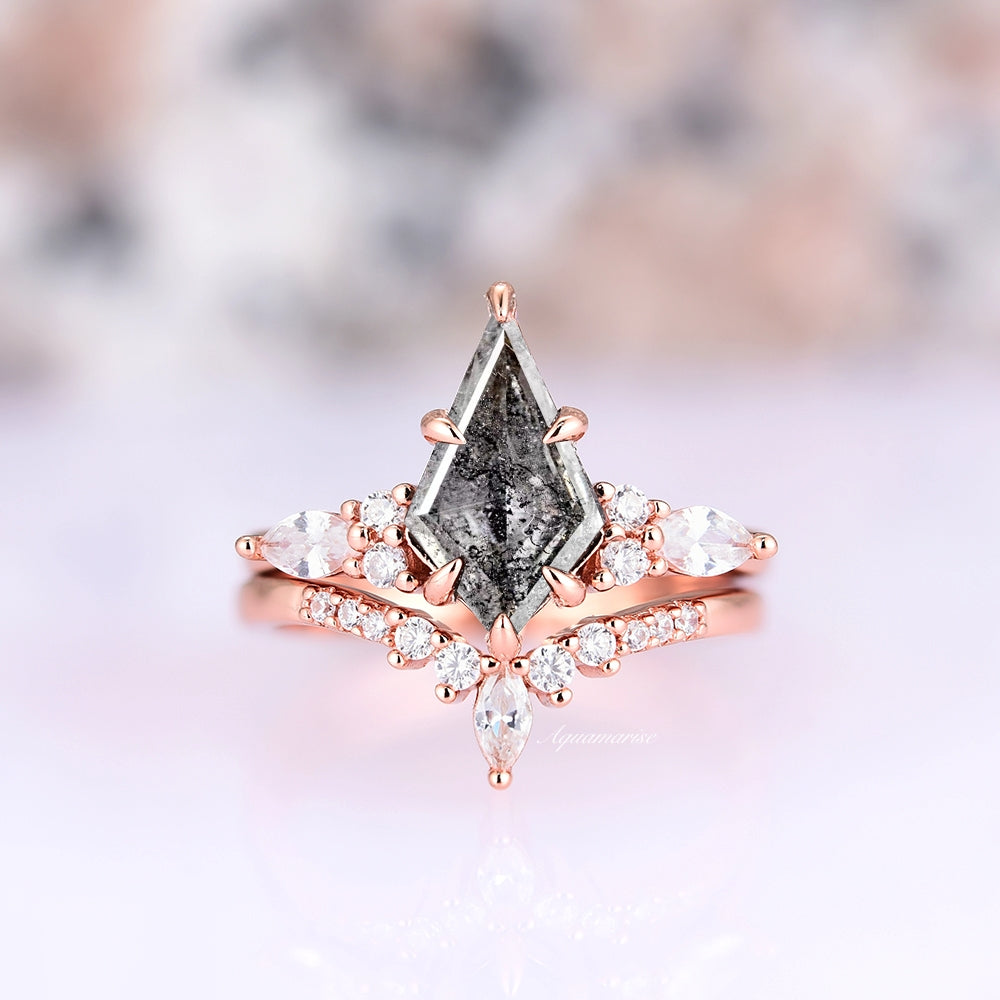 Galaxy Raw Salt & Pepper Diamond Ring For Women- Kite Diamond Engagement Ring- Unique Bridal Geometric Promise Ring- 14K Rose Gold Vermeil