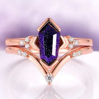 Galaxy Sandstone (Starry Night) Engagement Ring Set in 14K Solid Rose Gold