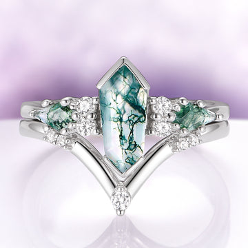 Hexagon Coffin Green Moss Agate Couples Ring Set featuring silver bands with green moss agate stones and sparkling accents, from Aquamarise’s Matching Couples' Rings collection.