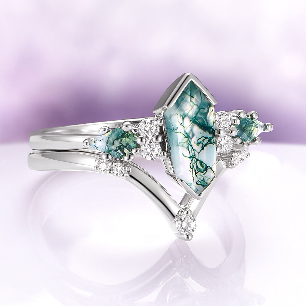 Hexagon Coffin Green Moss Agate Engagement Ring Set in Sterling