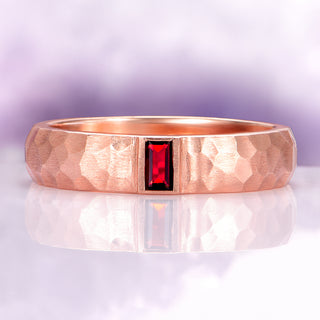 Emerald Cut Natural Red Garnet Hammered Wedding Band in 14K Rose Gold Vermeil (5.5mm)
