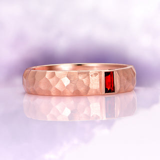 Emerald Cut Natural Red Garnet Hammered Wedding Band in 14K Rose Gold Vermeil (5.5mm)
