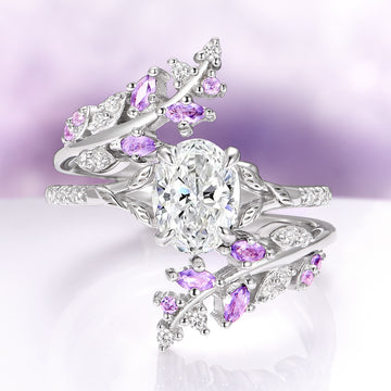 Oval Cut Lab-Grown Diamond & Amethyst Leaf Engagement Ring Set in 14K White Gold (IGI Certified) featuring a detailed nature-inspired band with sparkling lab-grown diamonds and purple amethyst accents, crafted by Aquamarise Gold.