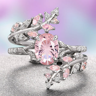 Morganite Fairy Leaf Ring Set- Sterling Silver (Fantasy Cut)