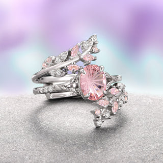 Fireworks Cut Morganite & Moonstone Leaf Couples Ring Set