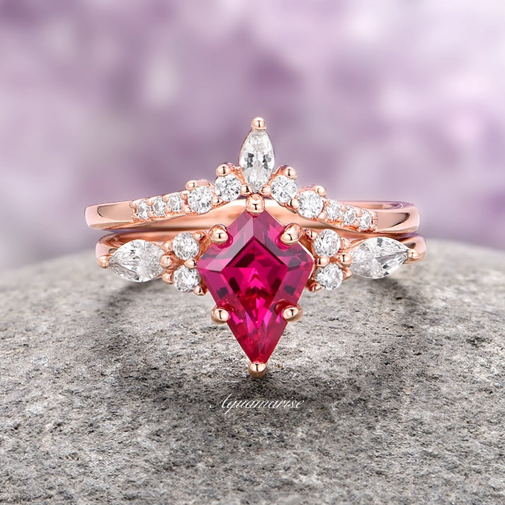 Skye Kite™  Ruby & Rose Gold Leaf Couples Ring