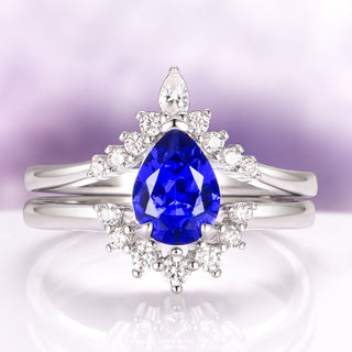 Lunette Teardrop Blue Sapphire Engagement Ring Set in Sterling Silver