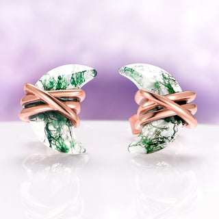 Crescent Moon Green Moss Agate Wire Stud Earrings in 14K Rose Gold Vermeil