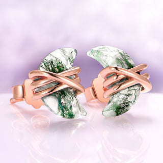 Crescent Moon Green Moss Agate Wire Stud Earrings in 14K Rose Gold Vermeil