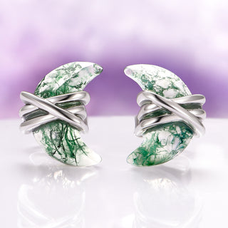 Crescent Moon Green Moss Agate Wire Stud Earrings in Sterling Silver
