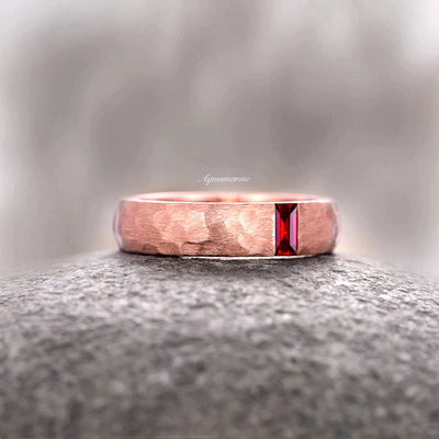 Natural Garnet Men's Wedding Band- 14K Rose Gold Vermeil Hammered Ring- 5.5mm Mens Red Wedding Ring Unique Birthstone Promise Ring For Him