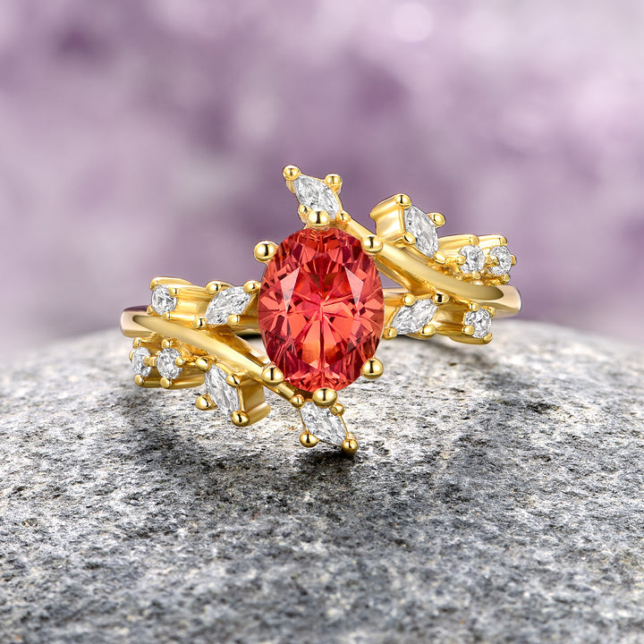 Padparadscha Fantasy Cut Orange Sapphire Leaf Ring- 14K Solid Yellow Gold