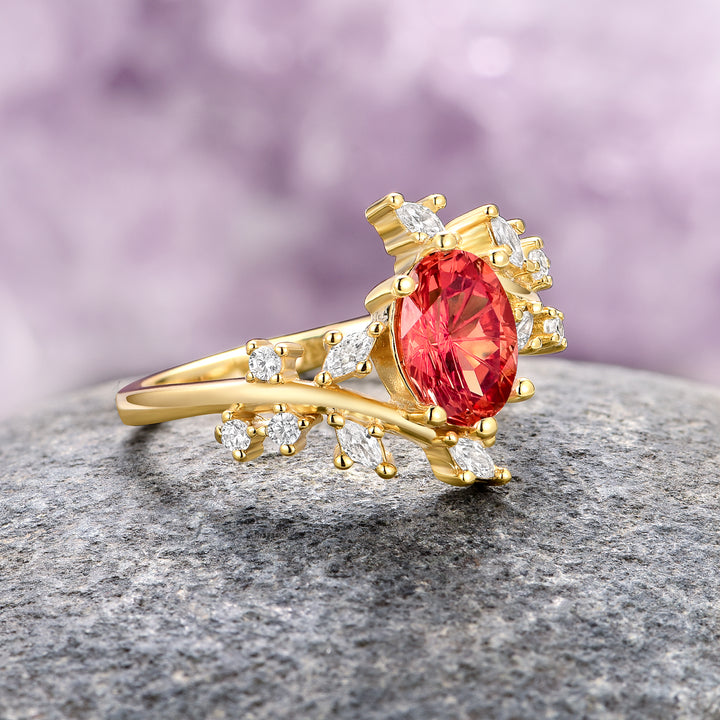 Padparadscha Fantasy Cut Orange Sapphire Leaf Ring- 14K Solid Yellow Gold