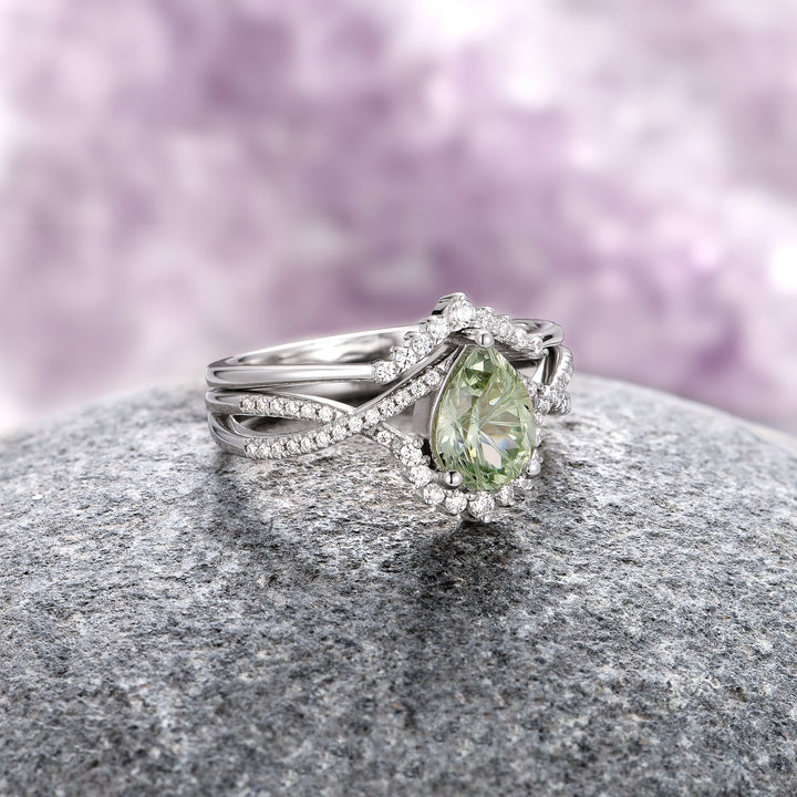 Alice Star Cut Green Sapphire Ring Set- 14K White Gold