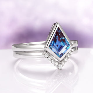 Kite Cut Alexandrite Bezel Engagement Ring Set in Sterling Silver
