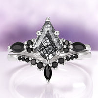 Skye Kite® Rutilated Quartz & Black Onyx Ring Set in Sterling Silver by Aquamarise, featuring kite-cut quartz with black rutile inclusions and black onyx accents in a fantasy-inspired design.