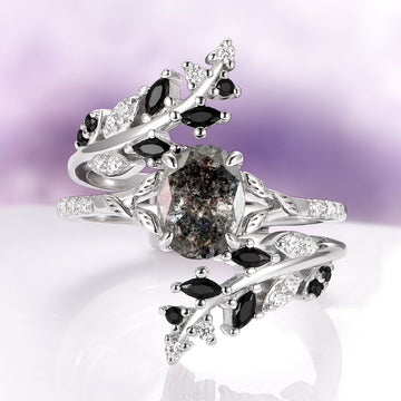 Black Moissanite Leaf Ring Guard in 14K White Gold by Aquamarise Gold featuring an open vine design with marquise and round black moissanite stones and a central salt and pepper diamond, part of Solid Gold Engagement Rings and Lovers of the Dark™ collections.