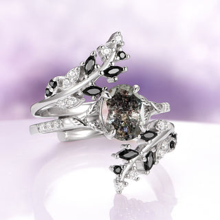 Galaxy Salt and Pepper (Herkimer) Diamond & Meteorite Couples Ring Set