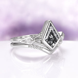 Kite Cut Black Rutilated Quartz Engagement Ring Set in 14K White Gold