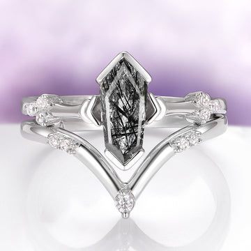 Hexagon Coffin Rutilated Quartz Geometric Engagement Ring Set in 14K White Gold by Aquamarise Gold featuring a unique rutilated quartz centerpiece with diamond accents on white gold bands.