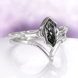 Hexagon Coffin Rutilated Quartz Engagement Ring Set in Sterling Silver