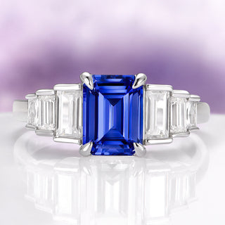 Art Deco Emerald Cut Blue Sapphire Engagement Ring in Sterling Silver