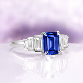 Art Deco Emerald Cut Blue Sapphire Engagement Ring in Sterling Silver