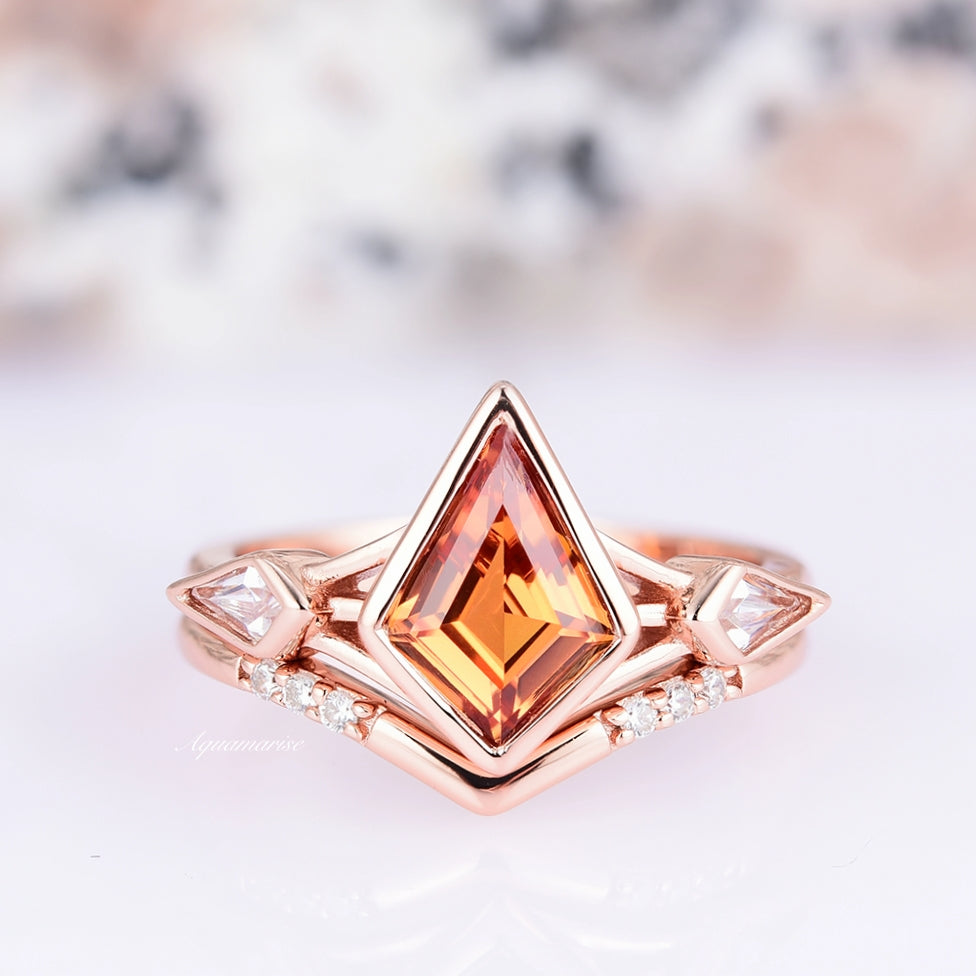 Celtic Orange Sapphire Ring Set- Kite Cut Sapphire Engagement Ring For Woman- Her Promise Ring- 14K Rose Gold Vermeil September Birthstone