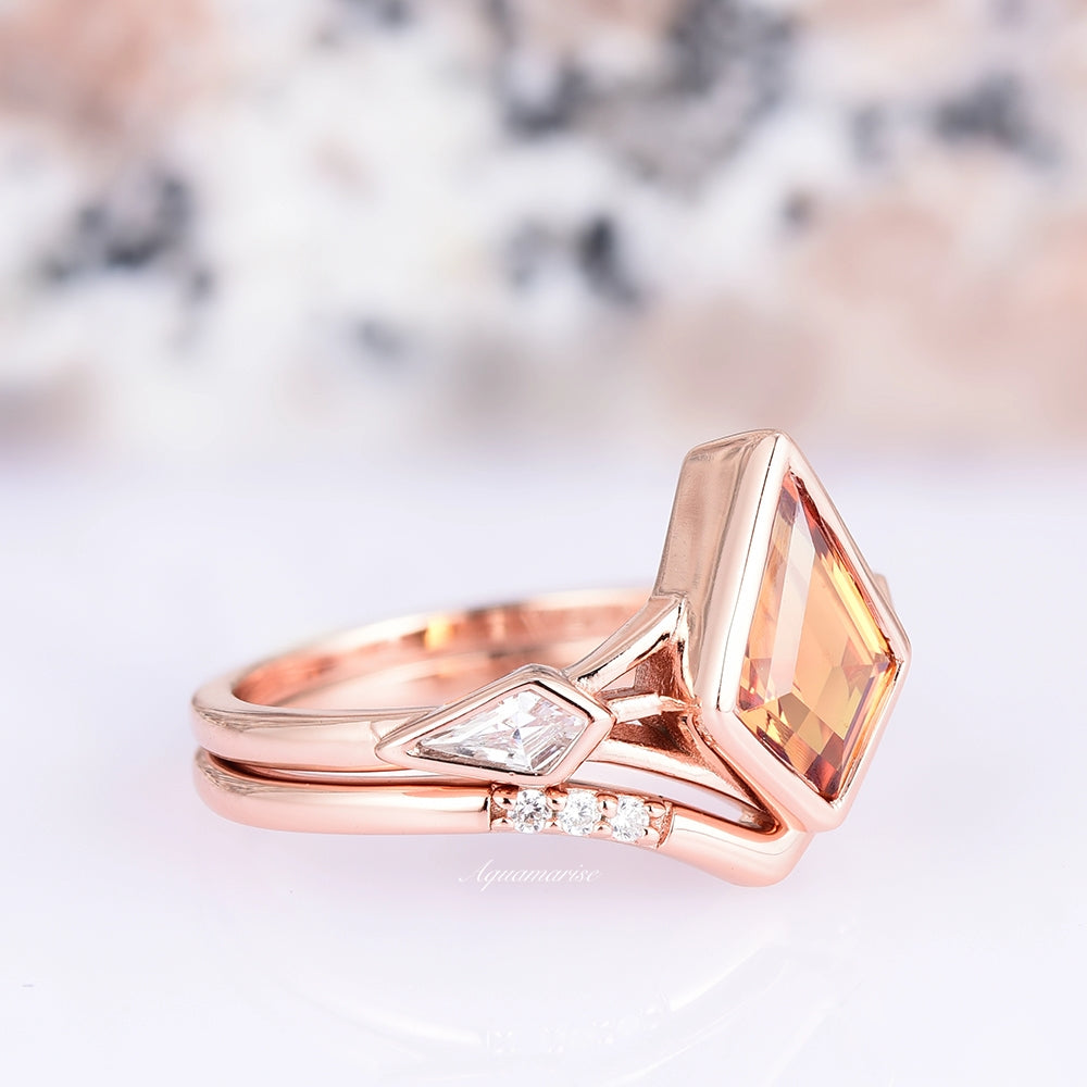 Celtic Orange Sapphire Ring Set- Kite Cut Sapphire Engagement Ring For Woman- Her Promise Ring- 14K Rose Gold Vermeil September Birthstone