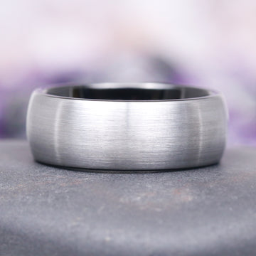 Gray Moissanite Crescent Moon Couples Ring Set by Aquamarise features a sleek two-tone tungsten band with a brushed matte finish, embodying durable, modern elegance in Matching Couples' Rings and Best Selling Jewelry collections.
