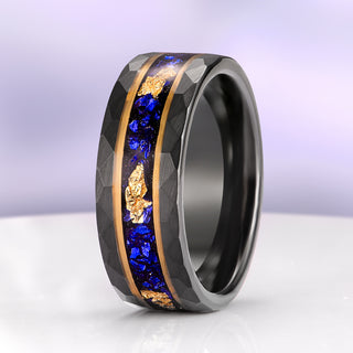 Blue Sapphire & Gold Leaf Hammered Wedding Band in Black Tungsten Carbide (8mm)