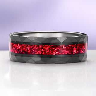 Crushed Red Garnet Hammered Wedding Band in Black Tungsten Carbide (8mm)