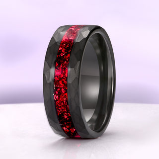 Crushed Red Garnet Hammered Wedding Band in Black Tungsten Carbide (8mm)