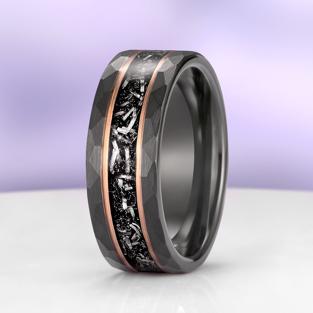 Galaxy Meteorite Hammered Wedding Band in Two-Tone Black Tungsten