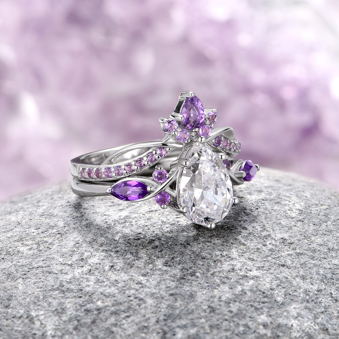 Feyre Amethyst & Moissanite/Diamond Engagement Ring Set- 14K White Gold