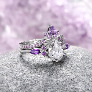 Feyra Amethyst & Moissanite Engagement Ring Set- 14K White Gold